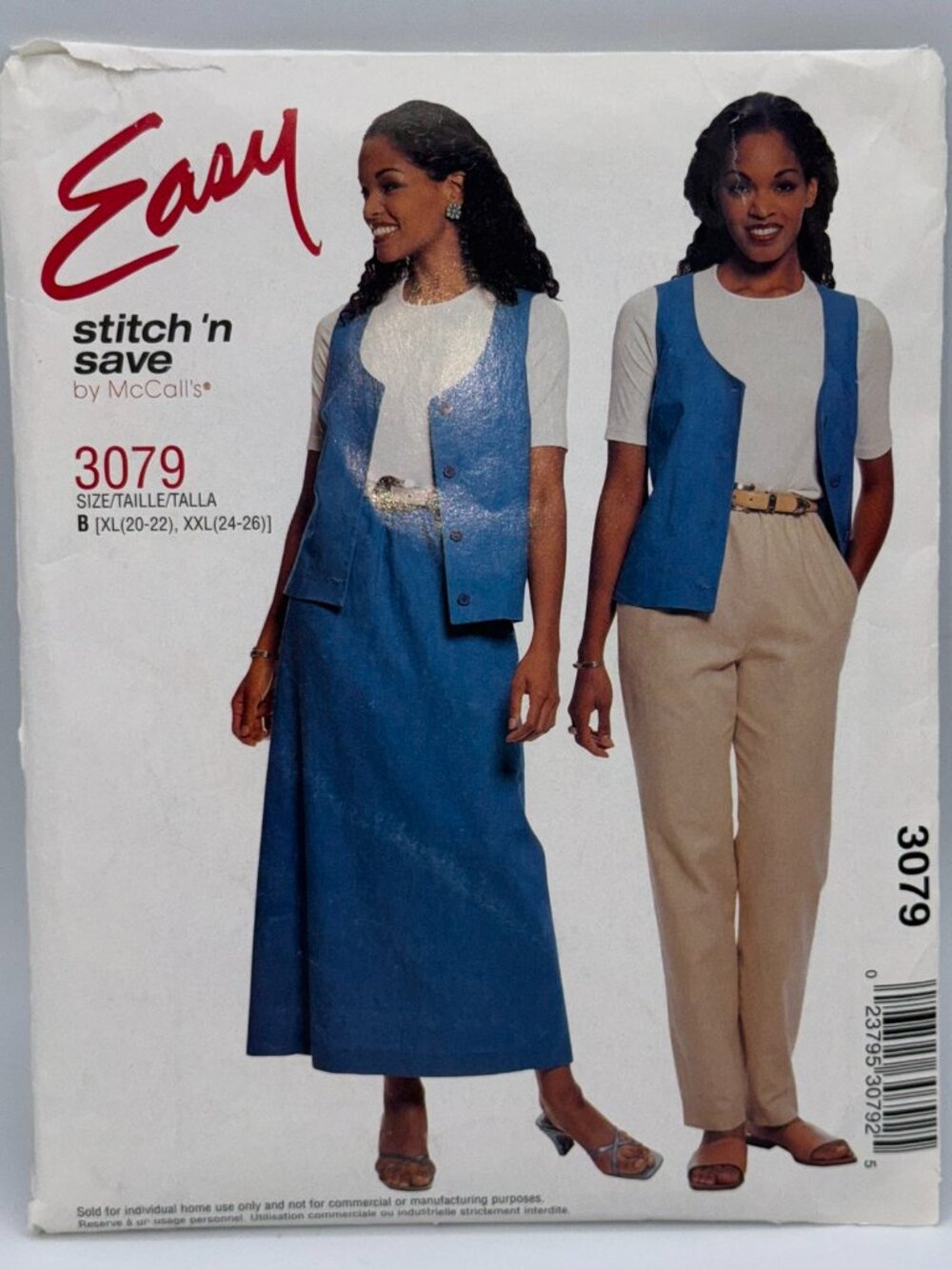 McCall's Easy Stitch 'N Save 3079 Sewing Pattern Vest Skirt Pants Size B XL XXL
